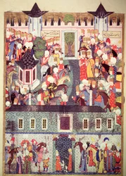H 1517, fol. 17v, entronización de Solimán el Magnífico (1494-1566), del «Suleymanname» de Arifi, 1558