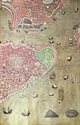 Vista del Palacio de Topkapi y el estrecho del Bósforo, Estambul, del Hunername por Lokman, 1558