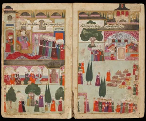 La coronación del sultán otomano Mehmed III (1566-1603) en el palacio de Topkapı en 1595 (del manuscrito La campaña de Mehmed III en Hungría) - ca. 1600