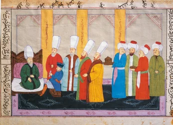 Miniatura otomana que representa a un embajador europeo en la Corte del Palacio de Topkapi, manuscrito, Turquía
