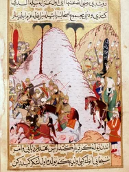 El Profeta Mahoma (570-632) (rostro cubierto) durante el asedio de La Meca. Miniatura turca del siglo XVIII. Palacio Topkapi, Estambul, Turquía
