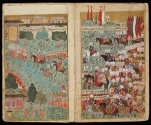 Mehmed III llega a la cabeza del ejército victorioso en Estambul del Manuscrito Campaña de Mehmed III