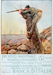 Primera Guerra Mundial: cartel italiano que fomenta el empréstito nacional. Ilustración de Ugo Finozzi (siglo XX). 1914-1918. ¡Atención! El uso de esta obra puede estar sujeto a una solicitud de autorización a un tercero o al pago de tarifas adicionales