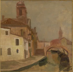 Casas y un puente en Chioggia (pintura al óleo sobre lienzo)
