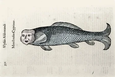 Representación de peces, placa de Nicolas ilustrada con un manuscrito de Historia Natural por Ulisse Aldrovandi (1522-1605), fondo Ulisse Aldrovandi, Biblioteca Universitaria de Bolonia, ed. 1603