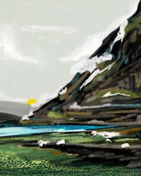 Paisaje tranquilo con ovejas en la montaña
