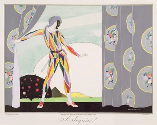 Arlequín, de la edición "Máscaras y personajes del teatro italiano" de Le Journal des Dames et des Modes, grabado por Henri Reidel (fl. 1914-20) 1914 (litografía en color)