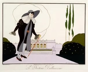 Doctor Ballanzone, de la edición "Máscaras y personajes del teatro italiano" de Le Journal des Dames et des Modes, grabado por Henri Reidel (fl.1914-20) 1914 (litografía en color)