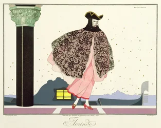 Florindo, de la edición "Máscaras y personajes del teatro italiano" de Le Journal des Dames et des Modes, grabado por Henri Reidel (fl1914-20) 1914 (litografía en color)