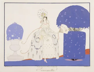 Giacometta, de la edición "Máscaras y personajes del teatro italiano" de Le Journal des Dames et des Modes, grabado por Henri Reidel (fl.1914-20) 1914 (litografía en color)
