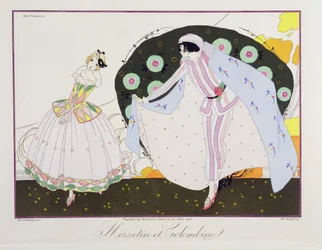 Mezzetin y Colombine, de la edición "Máscaras y personajes del teatro italiano" de Le Journal des Dames et des Modes, grabado por Henri Reidel (fl. 1914-20) 1914 (litografía en color)