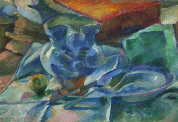 Naturaleza muerta con cerámica, cubiertos y frutas, 1915