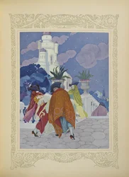 Cuatro hombres enmascarados la llevaron a la cima de la torre, ilustración de "Contes du Temps Jadis", o "Cuentos de tiempos pasados", p.22