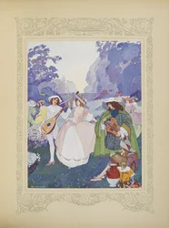 Había pastores y pastoras bailando al son de las flautas y las gaitas, ilustración de "Contes du Temps Jadis", o "Cuentos de tiempos pasados", p.74