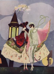 Dos máscaras venecianas y una góndola en la obra Carnevale