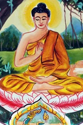 20151029, Vientián, Laos: templo budista Wat Inpeng. Pintura que representa la vida de Buda Shakyamuni. El Buda de la enseñanza representa un momento concreto de la vida de Buda, a saber, el primer sermón que pronunció tras alcanzar la Iluminación