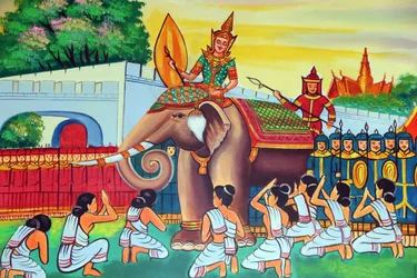 Templo budista Wat Si Muang. Pintura que representa la historia de la vida de Shakyamuni Buda
