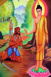 Templo budista Wat Si Muang. Pintura que representa la historia de la vida de Shakyamuni Buda
