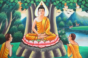 Pintura que representa la historia de la vida de Shakyamuni Buda