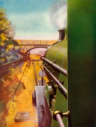 Un camino despejado desde la cabina de una locomotora Atlantic del Southern Railway, 1935