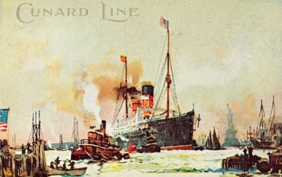 Un transatlántico de Cunard entra en el North River, Nueva York, EE.UU., c1900