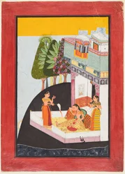 Una dama desconsolada en una terraza con asistentes, c. 1730