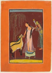 Una dama con asistente y un par de ciervos, probablemente Gujari Ragini de Dipak, de un Pahari Ragamala