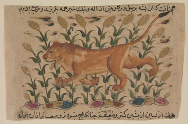 Un León, Folio de un Nuzhatnama-i ‘Ala’i disperso de Shahmardan ibn Abi’l Khayr, principios del siglo XVII