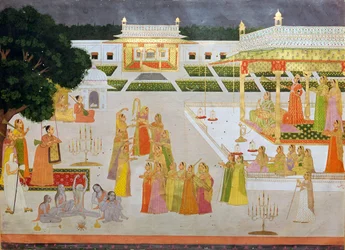 Pintura mogol de una princesa y sus damas celebrando Diwali