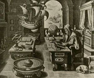 Un experto en navegación trabajando en su estudio con globo y compás, c. 1591, 1928