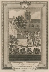 Una representación de un gran concurso de tiro por los arqueros de Londres en el año 1583