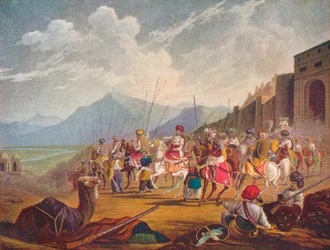 Un príncipe gobernante de la India Occidental con sus vasallos, 1908