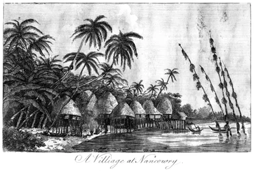 Un pueblo en Nancowry, Islas Nicobar, 1799