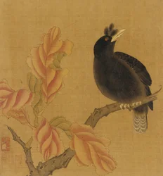 Un mirlo en una rama, hojas de otoño, dinastía Qing, siglo XVIII