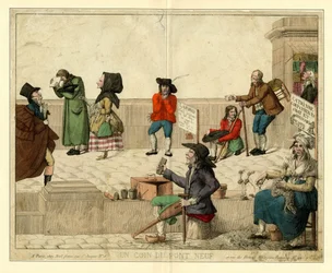 Una esquina del Pont Neuf, París, con mendigos cojos y vendedores ambulantes, ca 1813