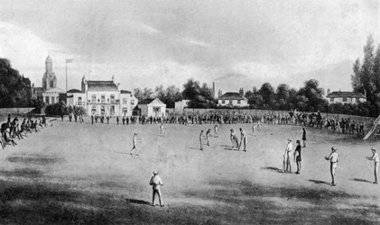 Partido de cricket en progreso en Kennington Oval, Londres, 1848