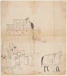 Un dibujo de elefante y caballos enjaezados, c. 1760