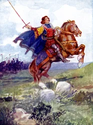 Un caballero montando un caballo encabritado
