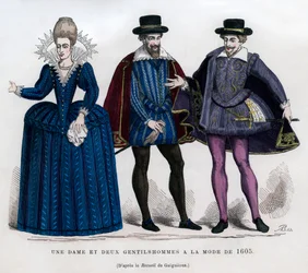 Una dama y dos caballeros con vestimenta francesa de 1605