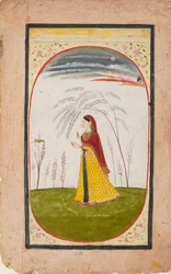 Dama en un paisaje escaso, sosteniendo una flor y una copa, principios del siglo XIX