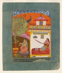 Una dama arrancando hojas, ilustrando el modo musical Gunakali Ragini, c. 1675