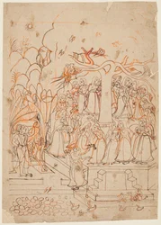 Una hoja de una serie Baramasa: el mes Jyestha mayo-junio, Krishna observa a las Gopis..., c. 1760
