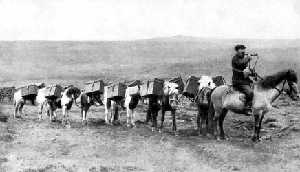 Una caravana de correo cruzando las llanuras islandesas, Islandia, 1922