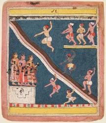 Una página de Rasikapriya de Kesava Das: Krishna y los Gopas se sumergen en un estanque, c. 1640