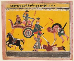 Una página de un Bhagavata Purana: Después de que Krishna ató a Rukma, el hermano de Rukmini, Balarama..., c. 1640