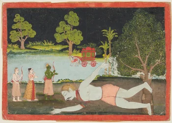 Una página del Ramayana: Rama, Lakshman y Sita ante un gigante muerto, c. 1770