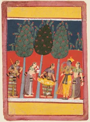 Una página de una serie de Rasikapriya: Krishna y Radha y las Sakhis con instrumentos musicales, c. 1650
