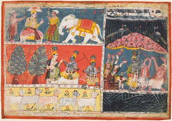 Una página del Bhagavata Purana: Indra envía un torrente de lluvia, Krishna levanta el Monte Govardhana, 1686
