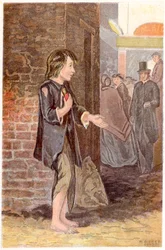 Un niño pobre, descalzo y harapiento, mendigando en una esquina, c1880