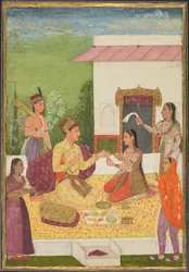 Un príncipe conversando con una mujer mientras toma refrescos en una terraza, c. 1710-1720